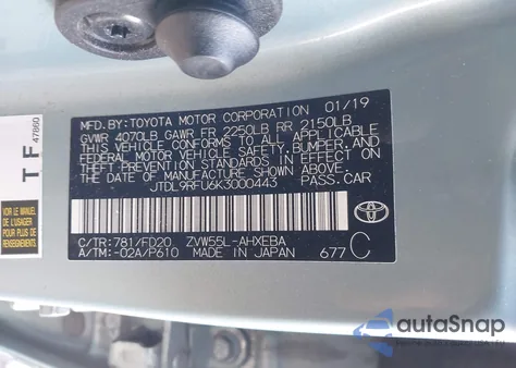 2019 Toyota Prius Le z USA, uszkodzony, nr VIN JTDL9RFU6K3000443